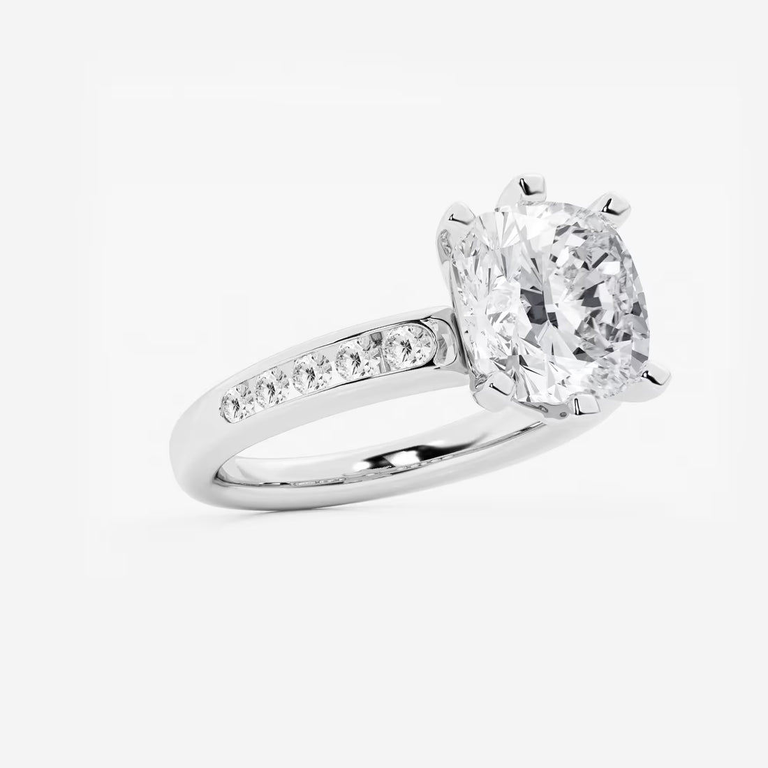 Cushion Cut Lab Grown Diamond Six-Prong Channel Set Side Stone Engagement Ring