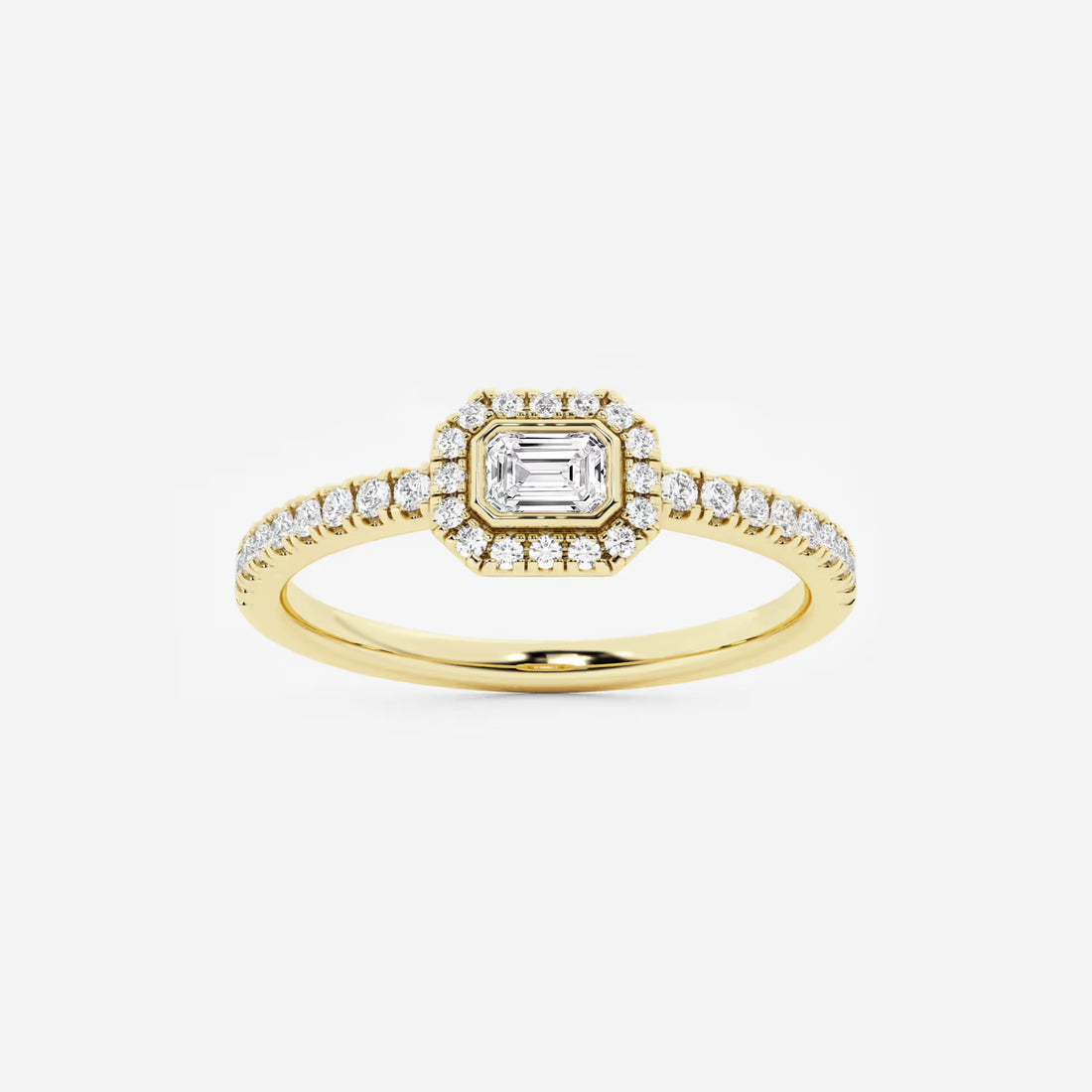 Emerald Cut Lab Grown Diamond East West Halo Engagement Ring