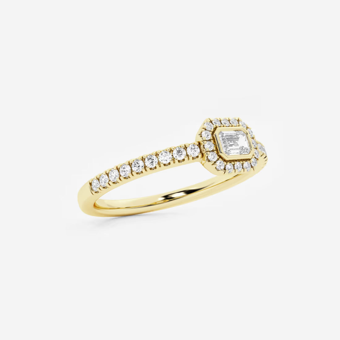 Emerald Cut Lab Grown Diamond East West Halo Engagement Ring