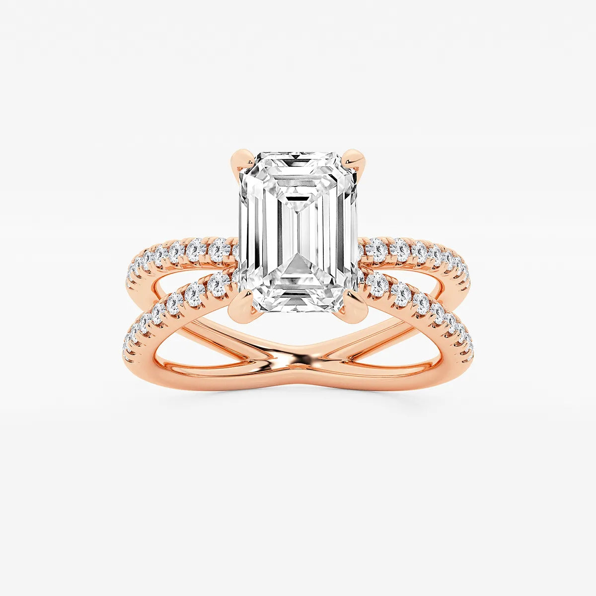 Emerald Cut Lab-Grown Diamond Engagement Ring with Double Pavé Crossover Band