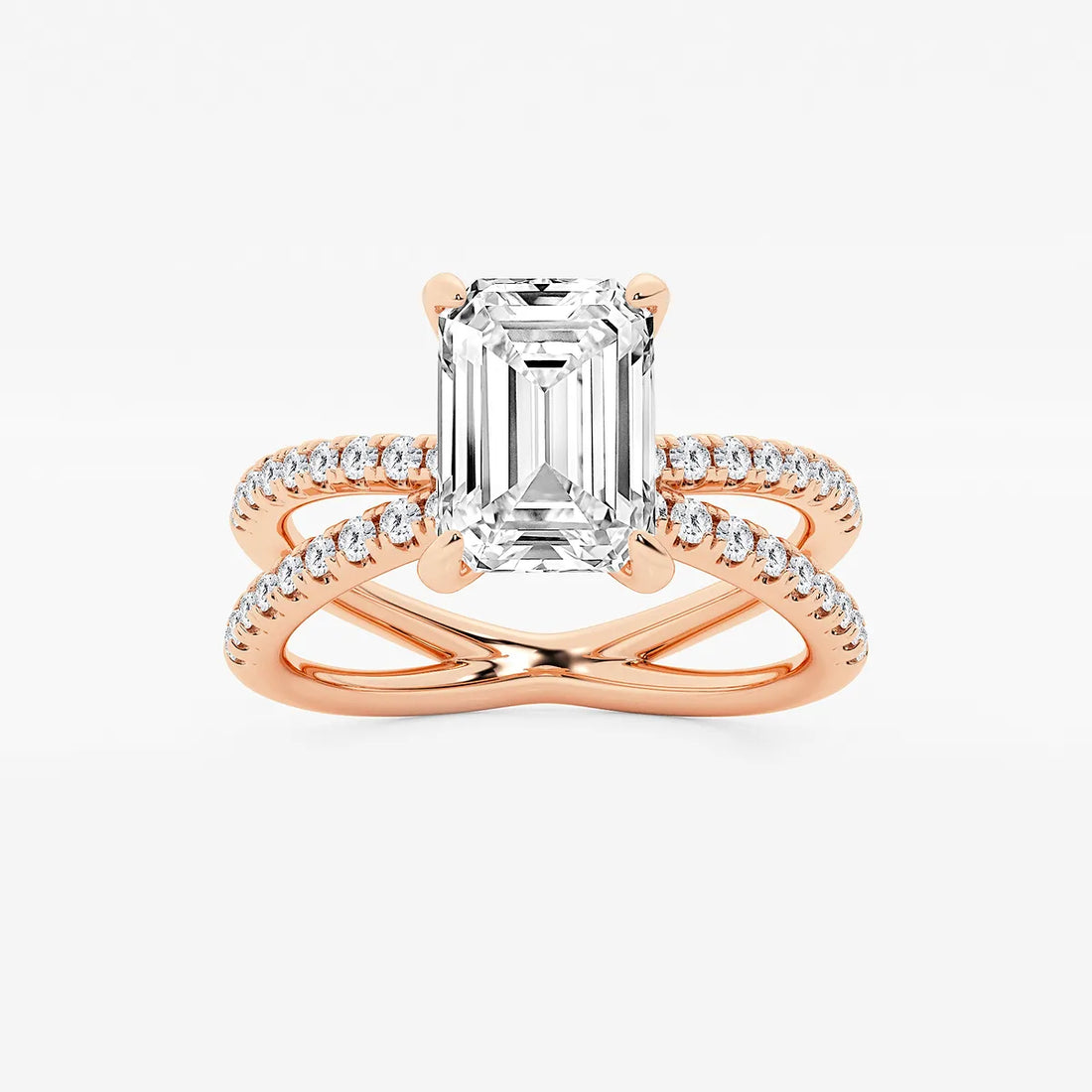 Emerald Cut Lab-Grown Diamond Engagement Ring with Double Pavé Crossover Band