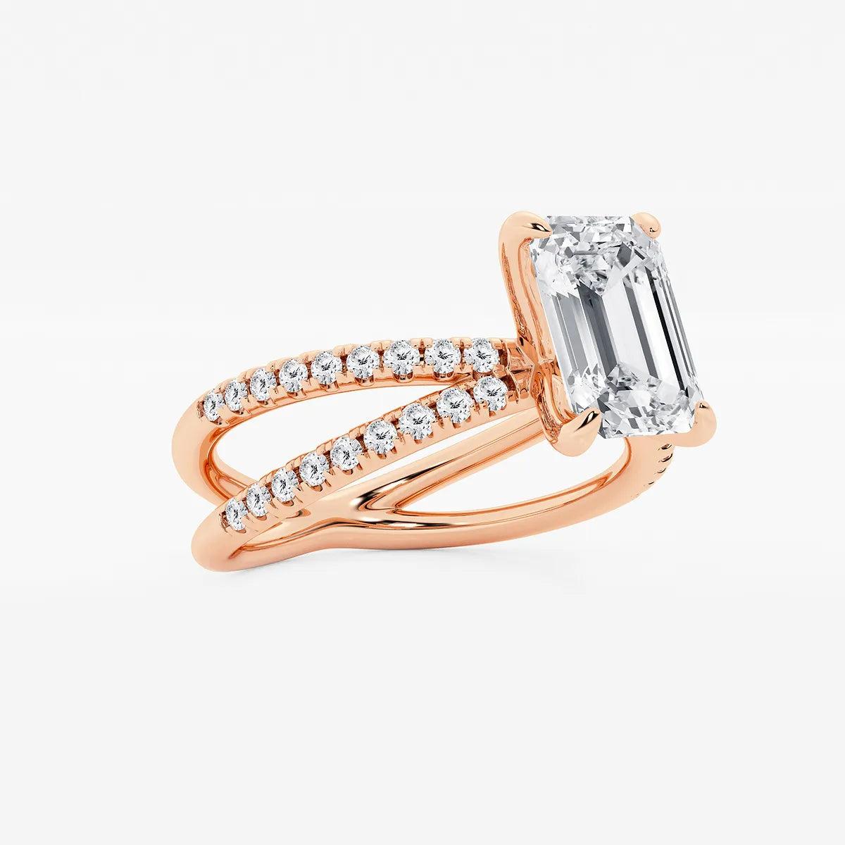 Emerald Cut Lab-Grown Diamond Engagement Ring with Double Pavé Crossover Band