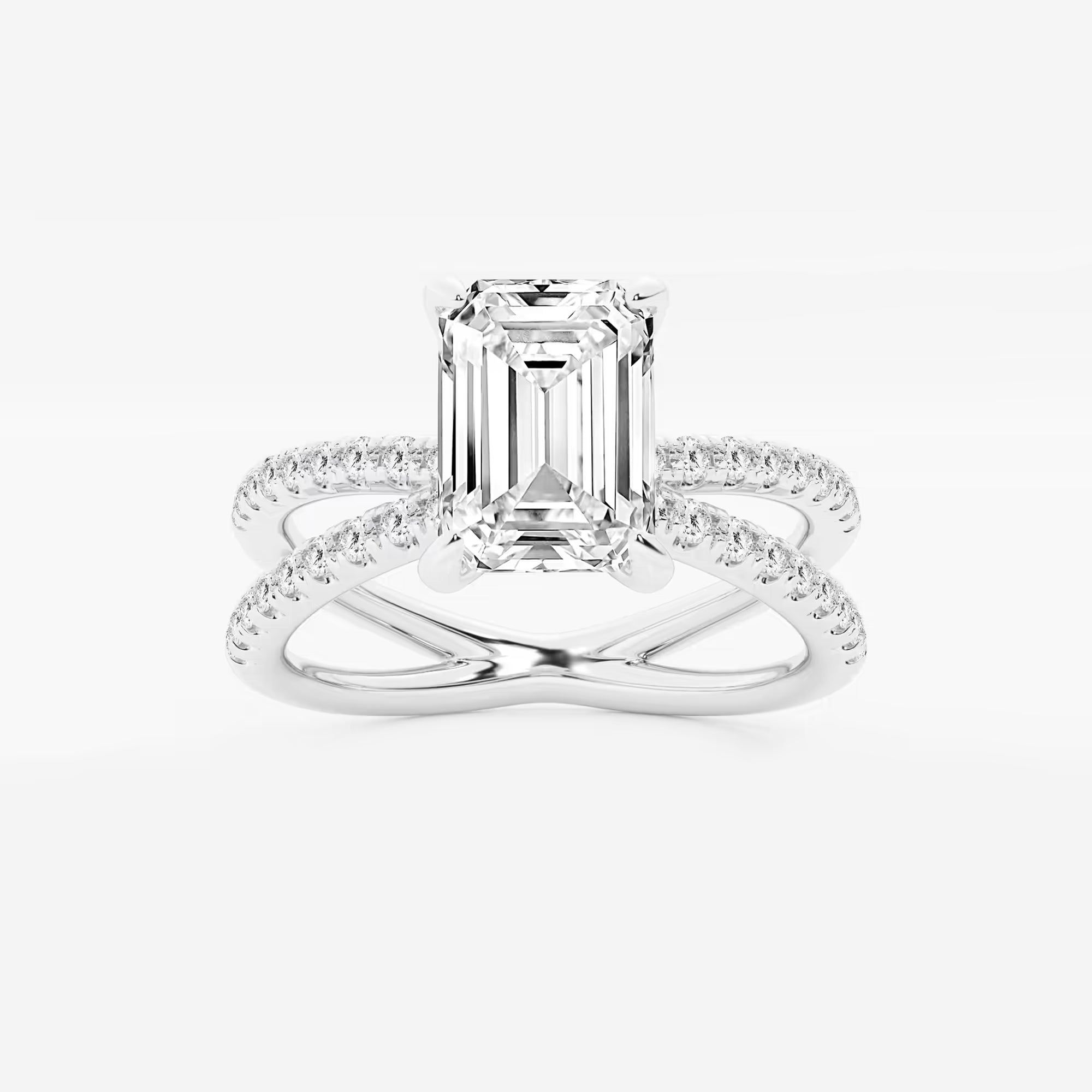 Emerald Cut Lab-Grown Diamond Engagement Ring with Double Pavé Crossover Band