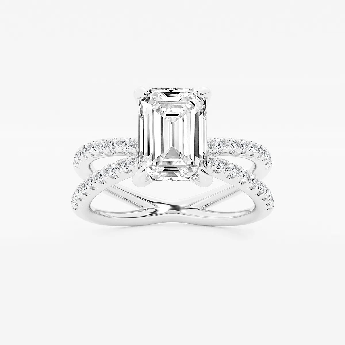 Emerald Cut Lab-Grown Diamond Engagement Ring with Double Pavé Crossover Band
