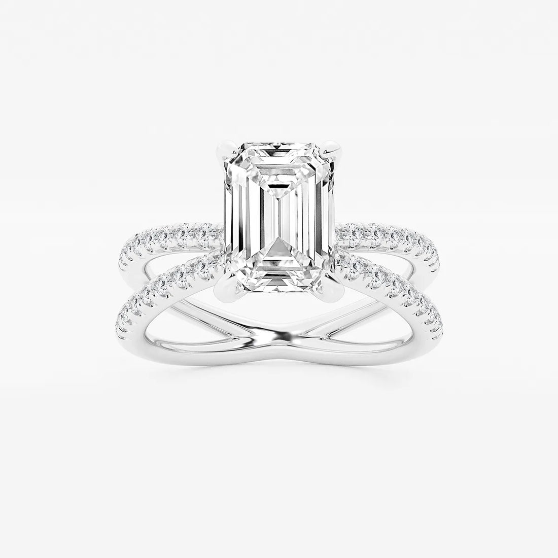 Emerald Cut Lab-Grown Diamond Engagement Ring with Double Pavé Crossover Band