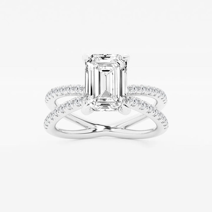 Emerald Cut Lab-Grown Diamond Engagement Ring with Double Pavé Crossover Band