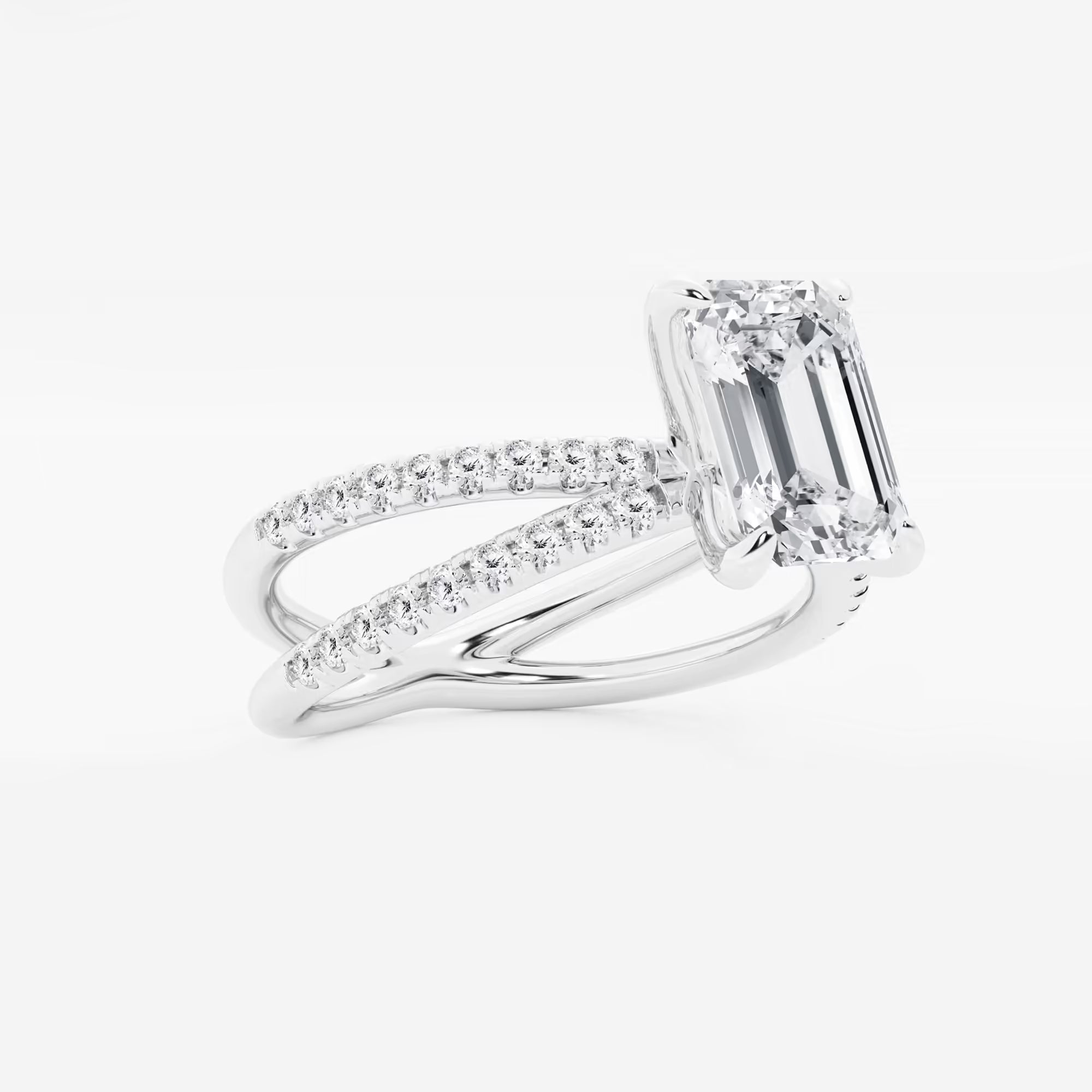 Emerald Cut Lab-Grown Diamond Engagement Ring with Double Pavé Crossover Band
