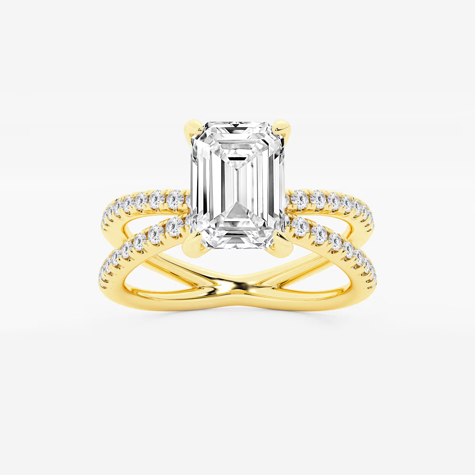 Emerald Cut Lab-Grown Diamond Engagement Ring with Double Pavé Crossover Band