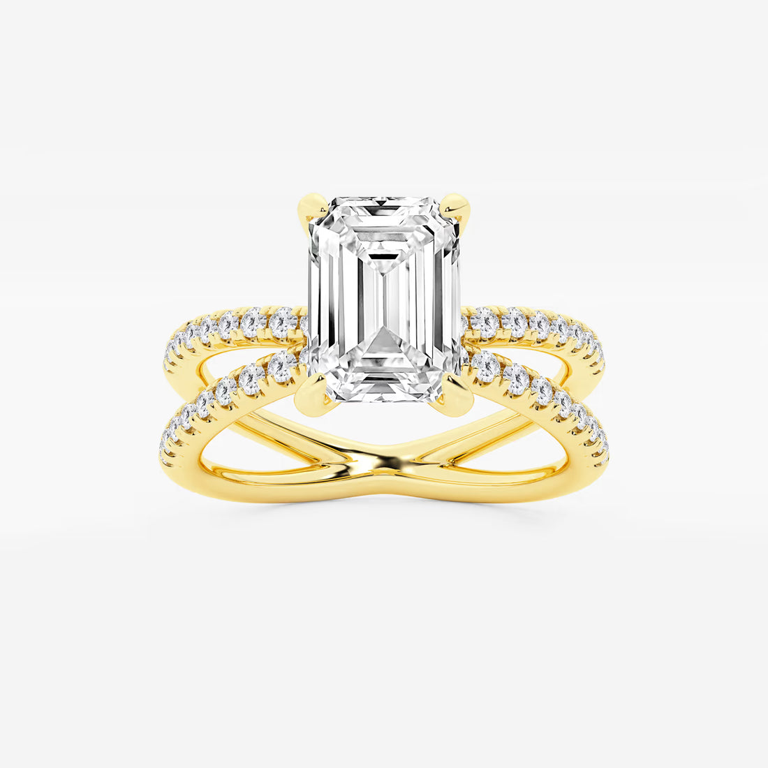Emerald Cut Lab-Grown Diamond Engagement Ring with Double Pavé Crossover Band