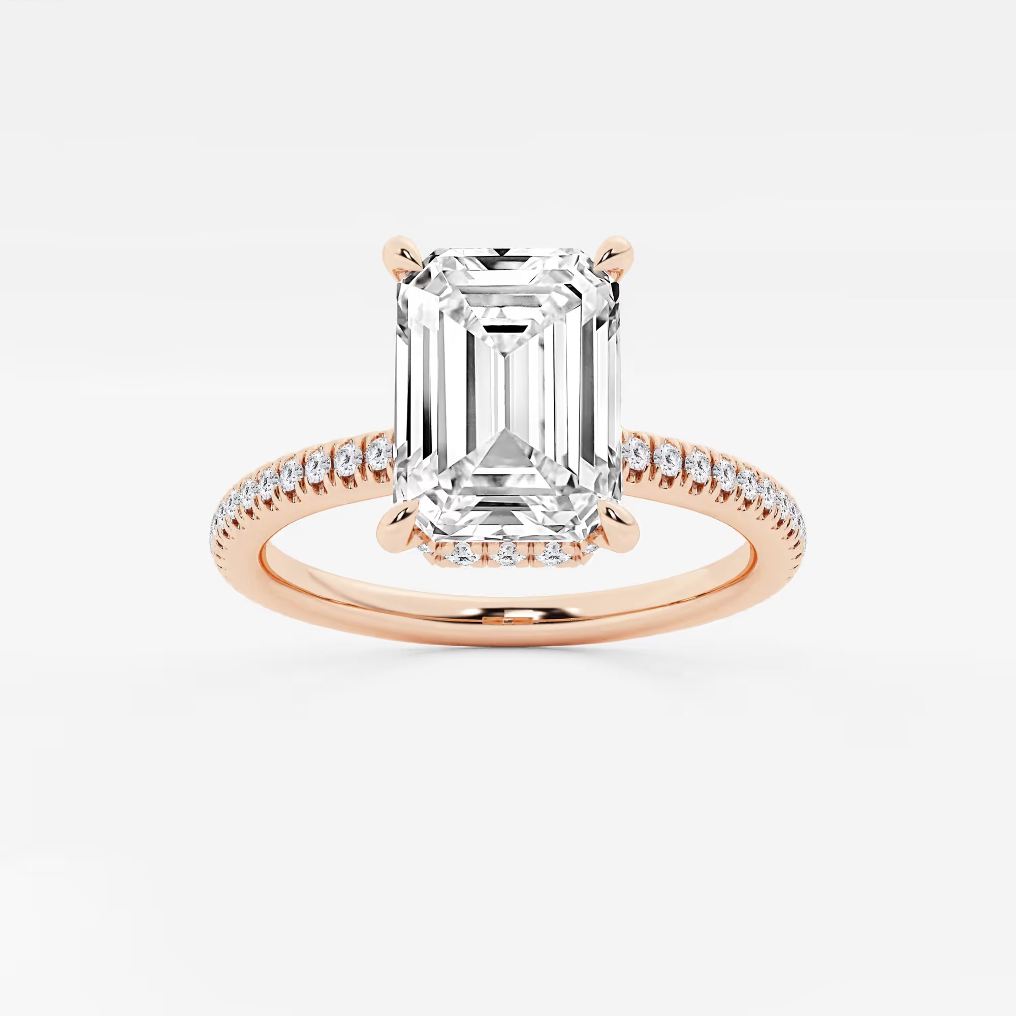 Emerald Cut Solitaire Engagement Ring   Hidden Halo & Micro Pave Diamond Band