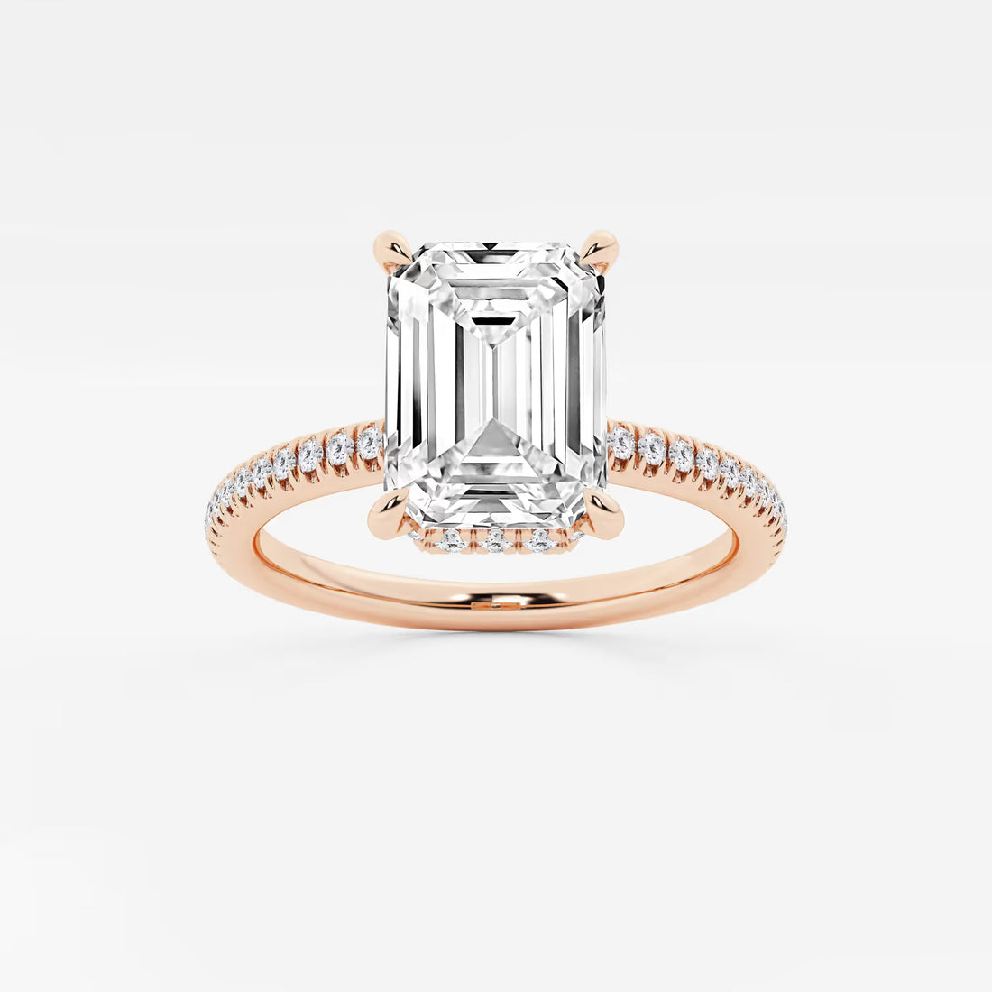 Emerald Cut Solitaire Engagement Ring   Hidden Halo & Micro Pave Diamond Band