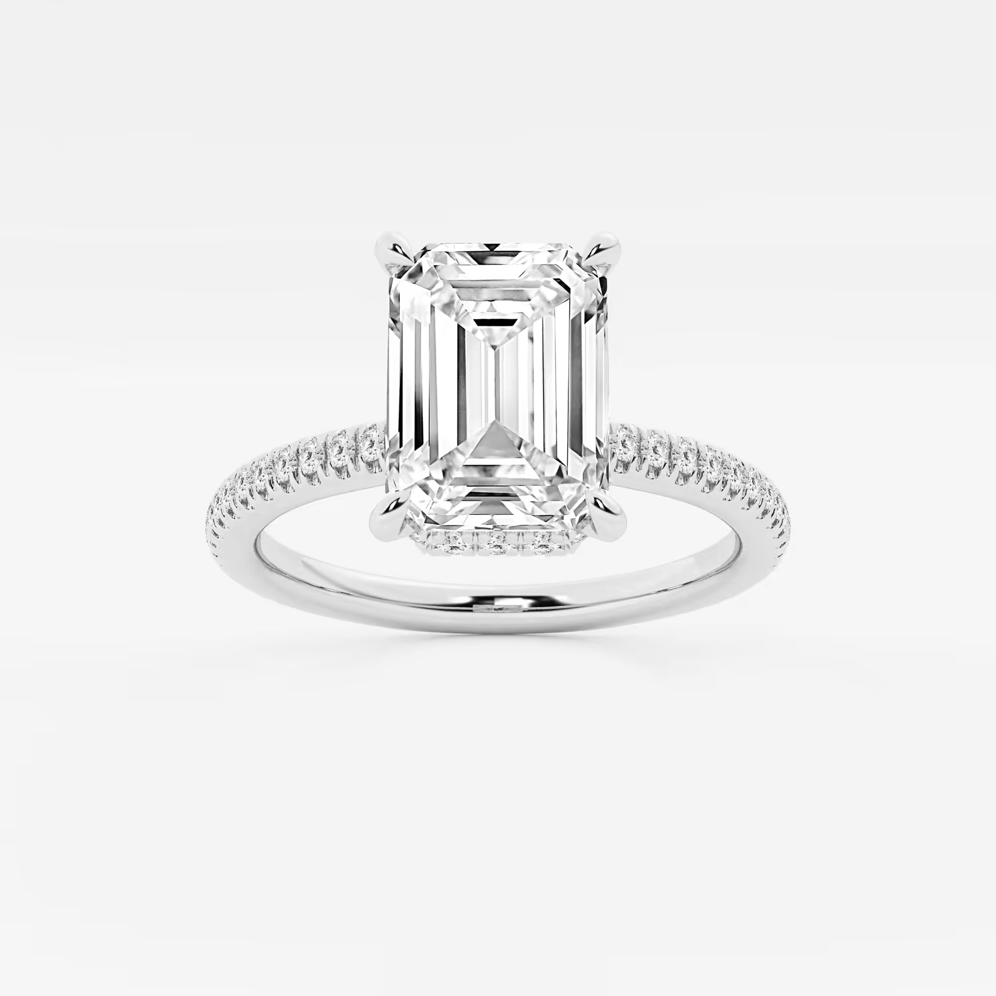 Emerald Cut Solitaire Engagement Ring   Hidden Halo & Micro Pave Diamond Band