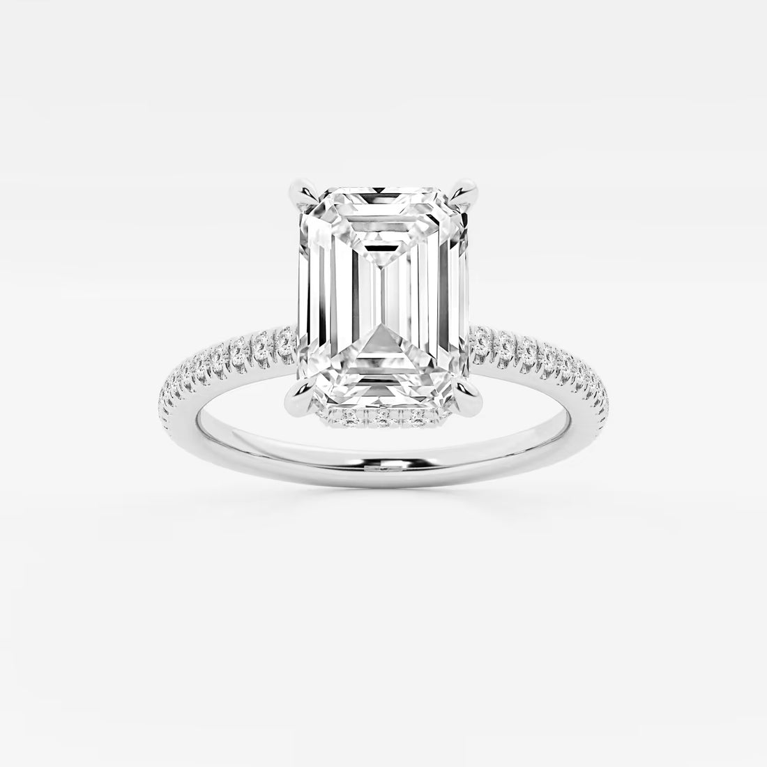 Emerald Cut Solitaire Engagement Ring   Hidden Halo & Micro Pave Diamond Band