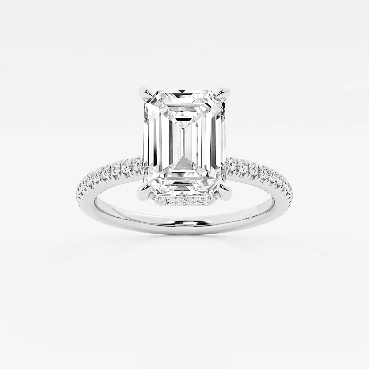 Emerald Cut Solitaire Engagement Ring   Hidden Halo & Micro Pave Diamond Band