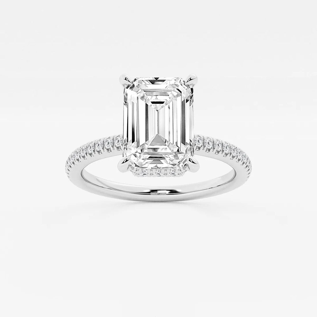 Emerald Cut Solitaire Engagement Ring   Hidden Halo & Micro Pave Diamond Band