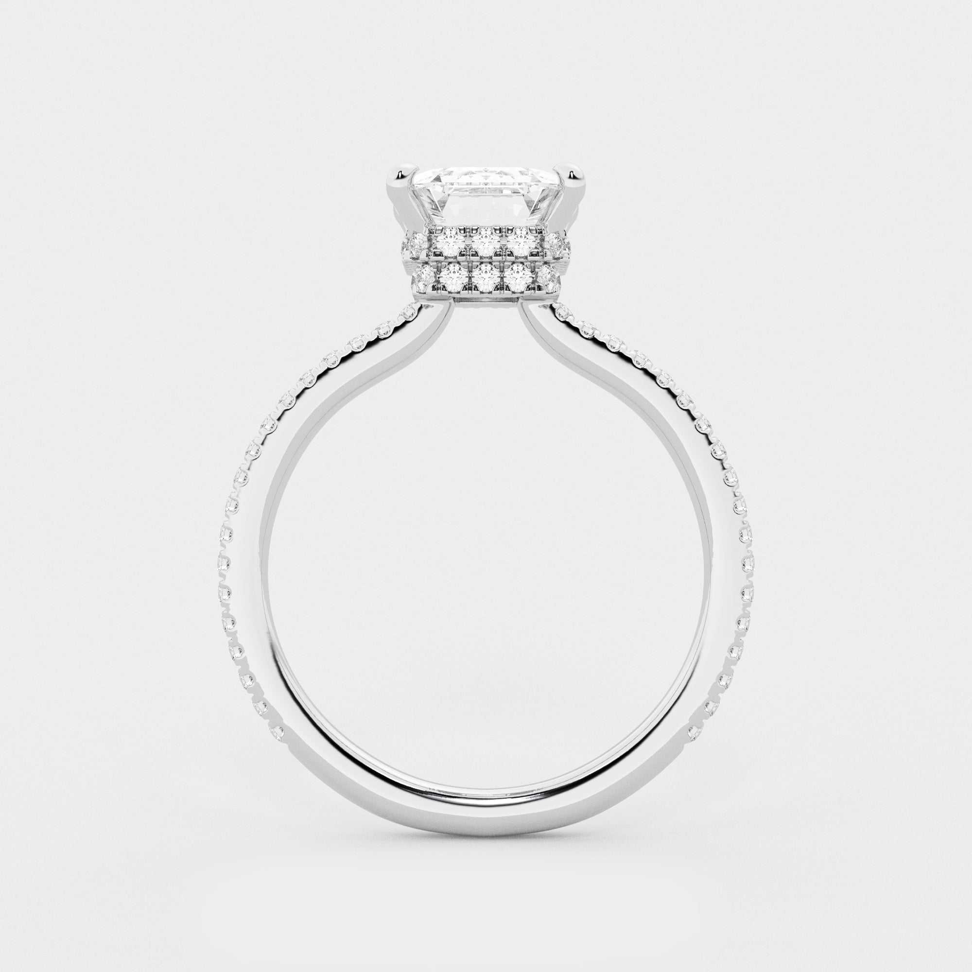 Emerald Cut Solitaire Engagement Ring   Hidden Halo & Micro Pave Diamond Band