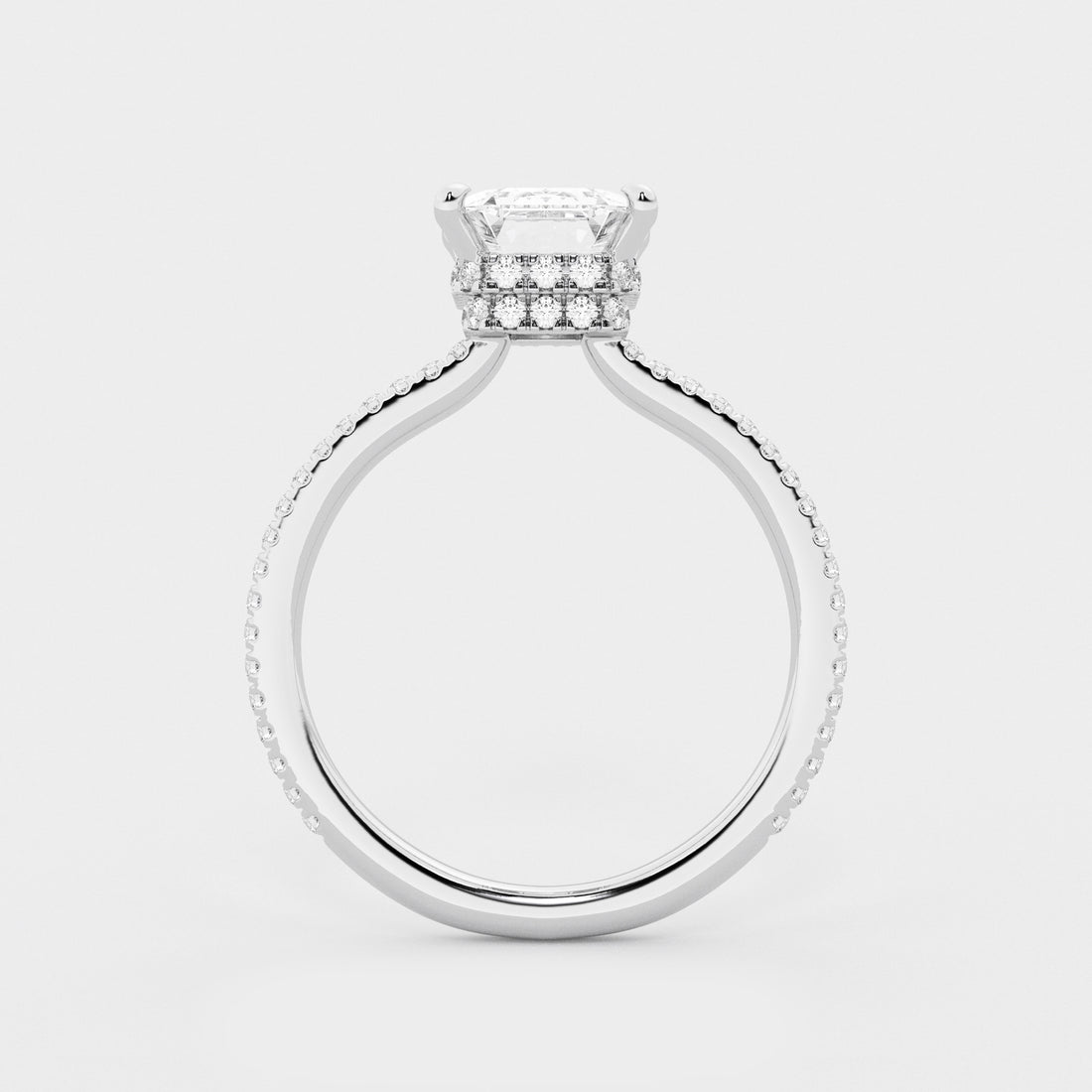 Emerald Cut Solitaire Engagement Ring   Hidden Halo & Micro Pave Diamond Band
