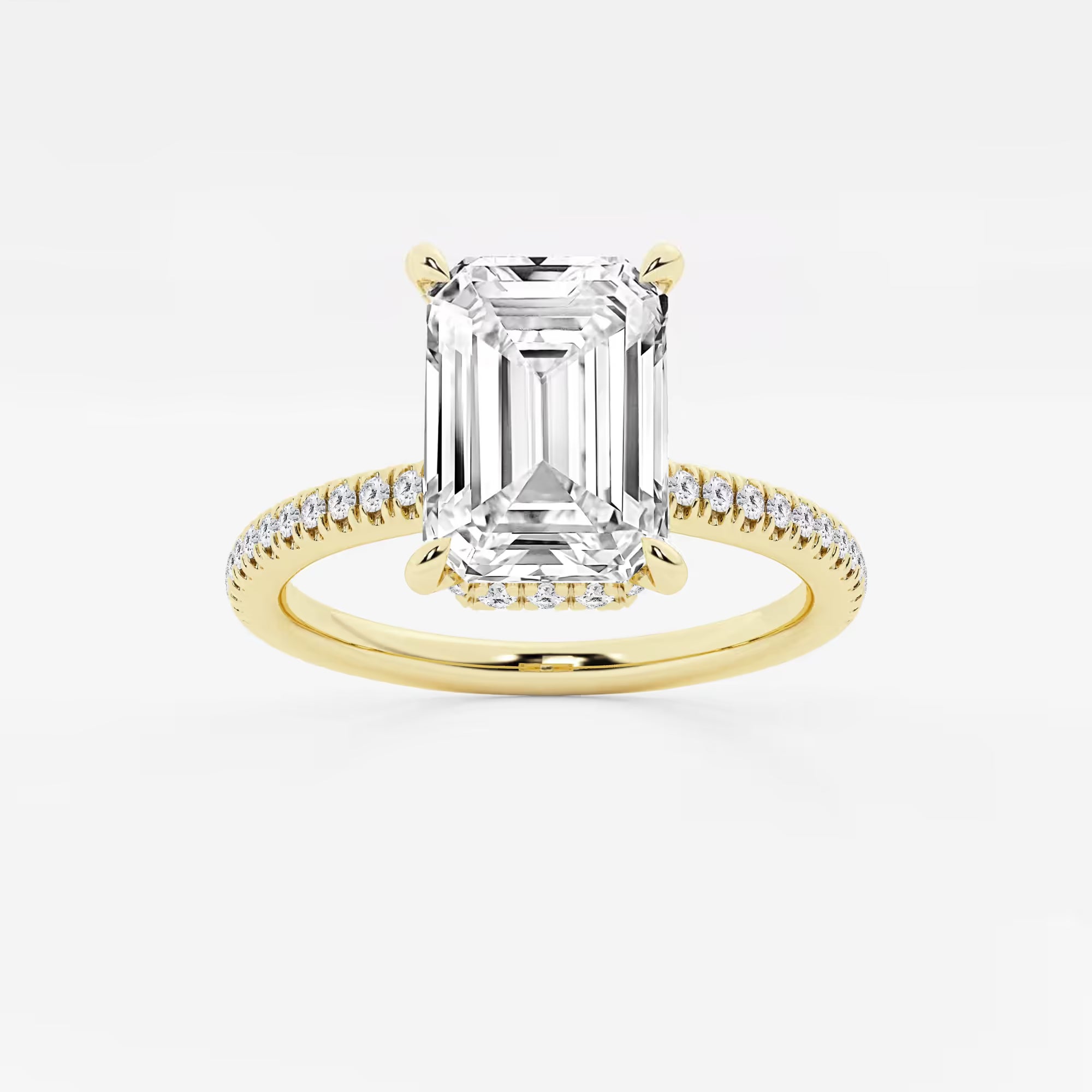 Emerald Cut Solitaire Engagement Ring   Hidden Halo & Micro Pave Diamond Band