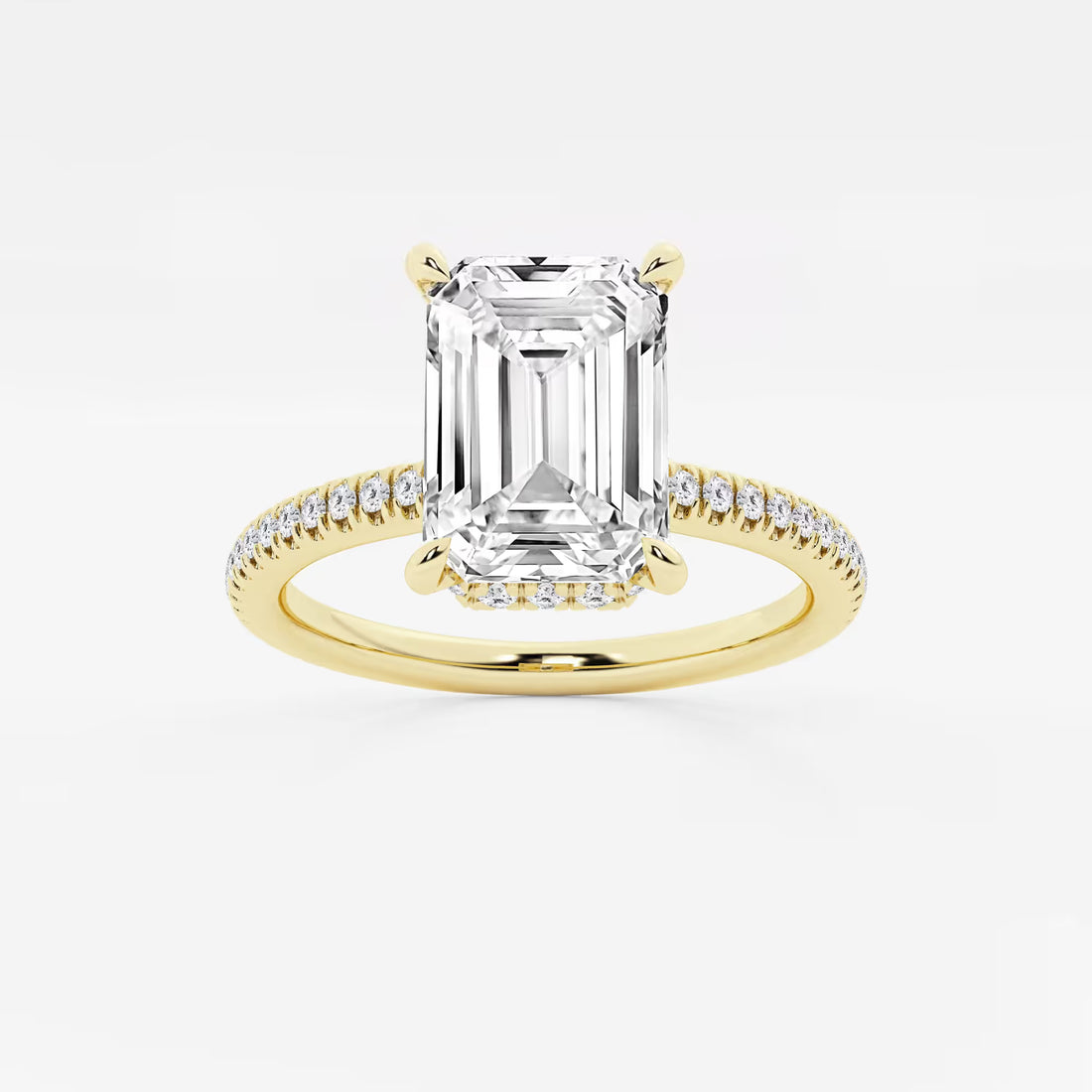 Emerald Cut Solitaire Engagement Ring   Hidden Halo & Micro Pave Diamond Band