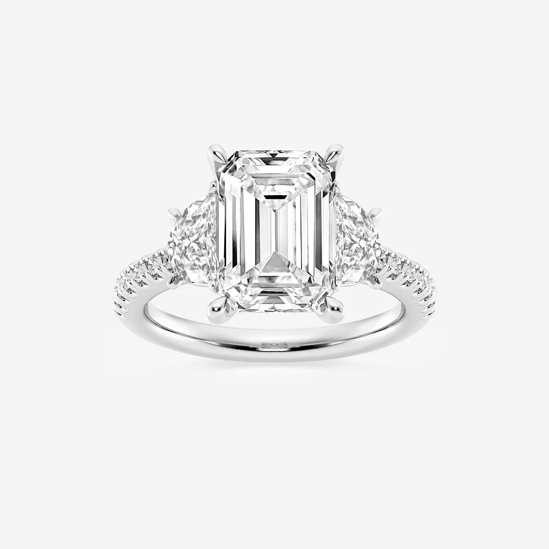 Emerald Cut Three-Stone Engagement Ring  Pear Side Stones & Micro Pave Diamond Band