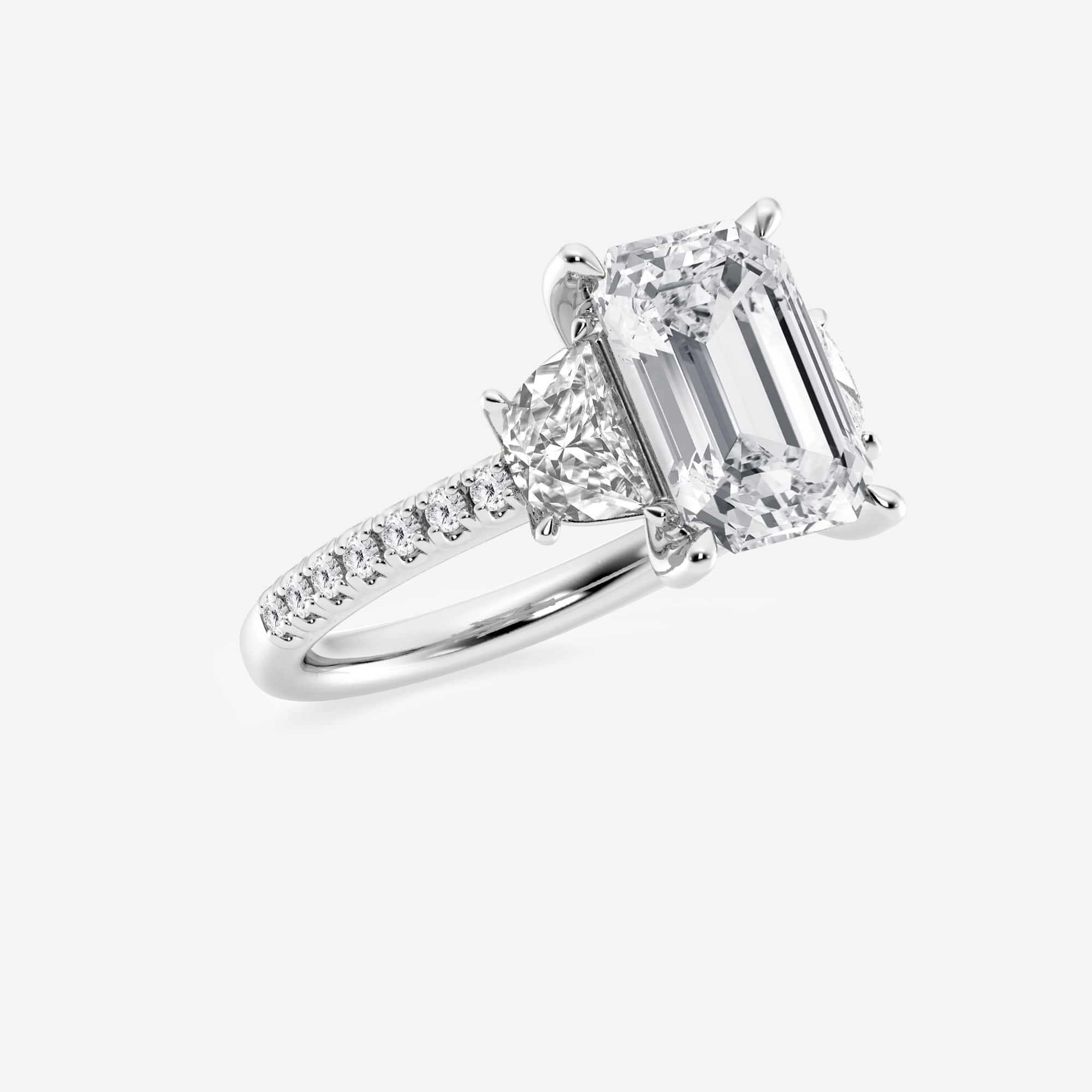 Emerald Cut Three-Stone Engagement Ring  Pear Side Stones & Micro Pave Diamond Band