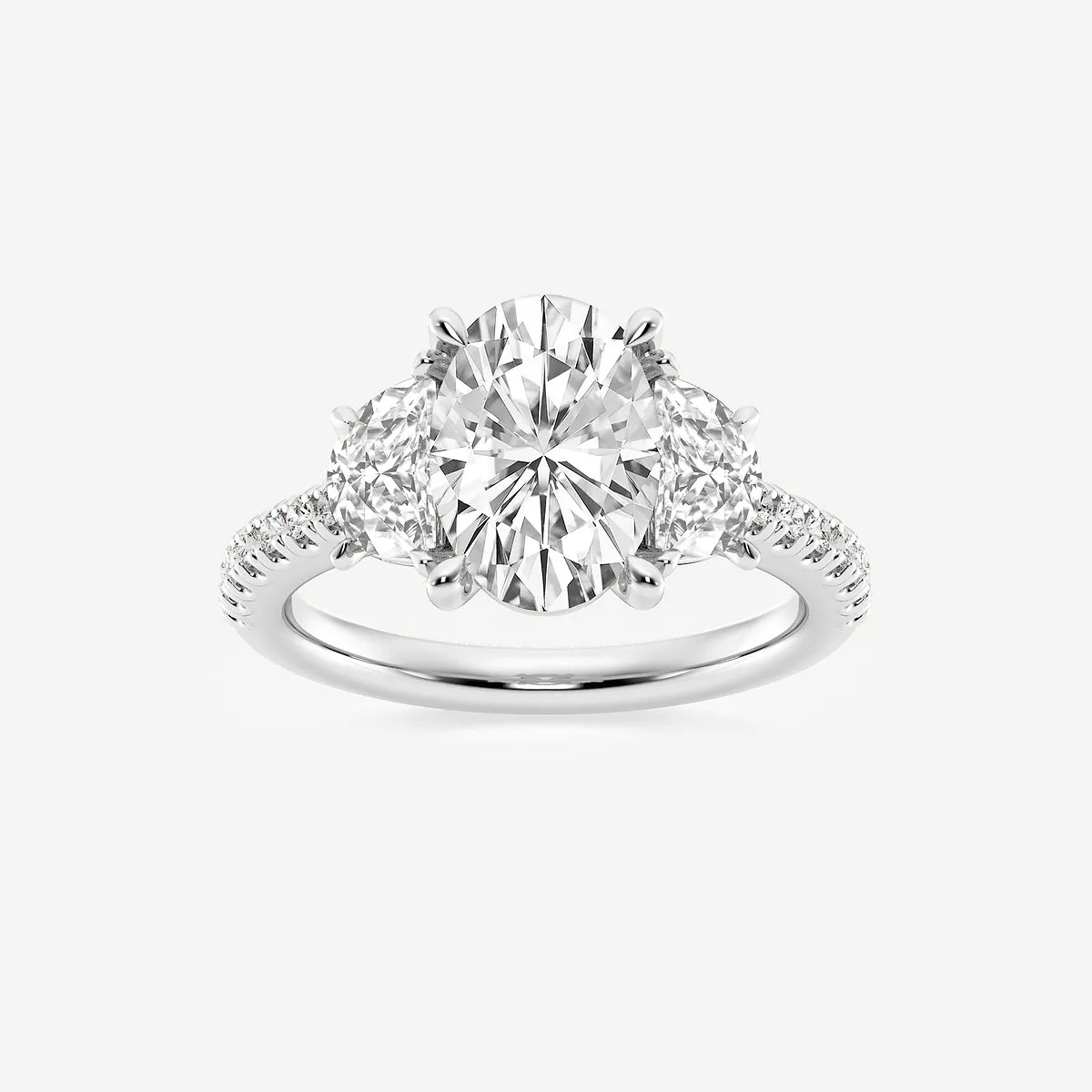 Elysian Oval Lab Grown Diamond Three-Stone Engagement Ring with Half Moon Side Accents