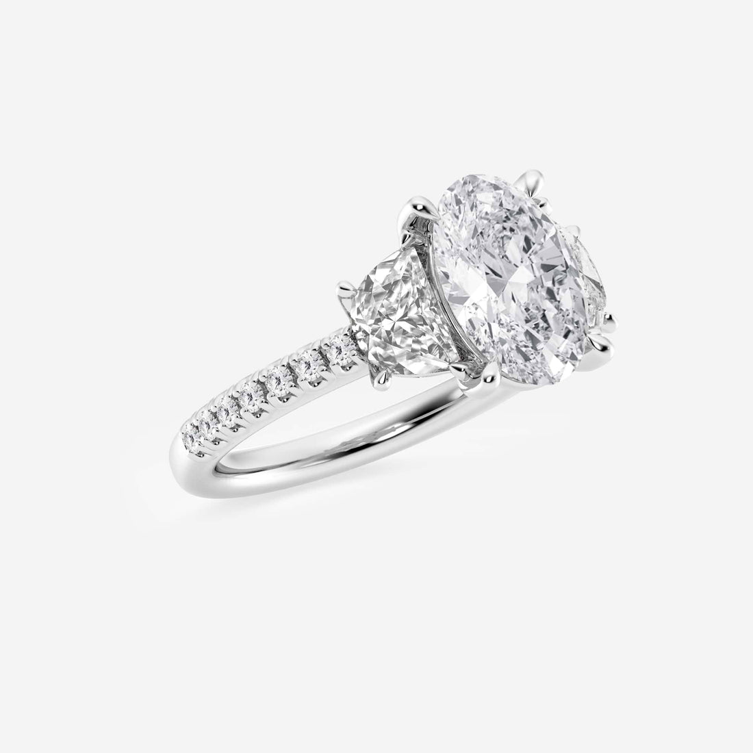 Elysian Oval Lab Grown Diamond Three-Stone Engagement Ring with Half Moon Side Accents