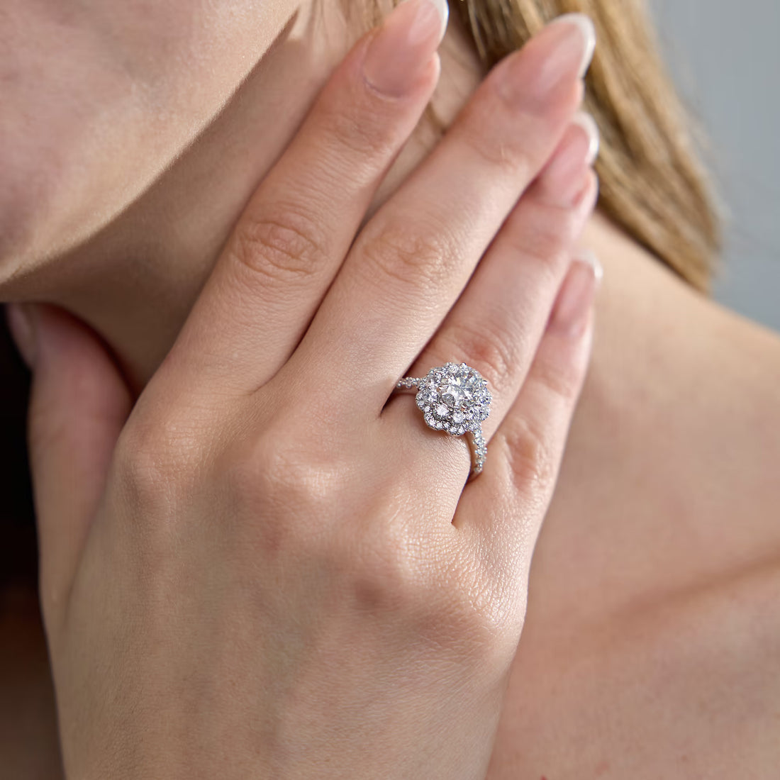 Celestique Oval Lab Grown Diamond Double Scalloped Halo Engagement Ring