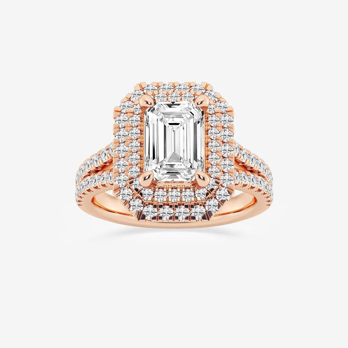 Emerald Cut Engagement Ring  Triple Row Double Halo & Split Pave Diamond Band