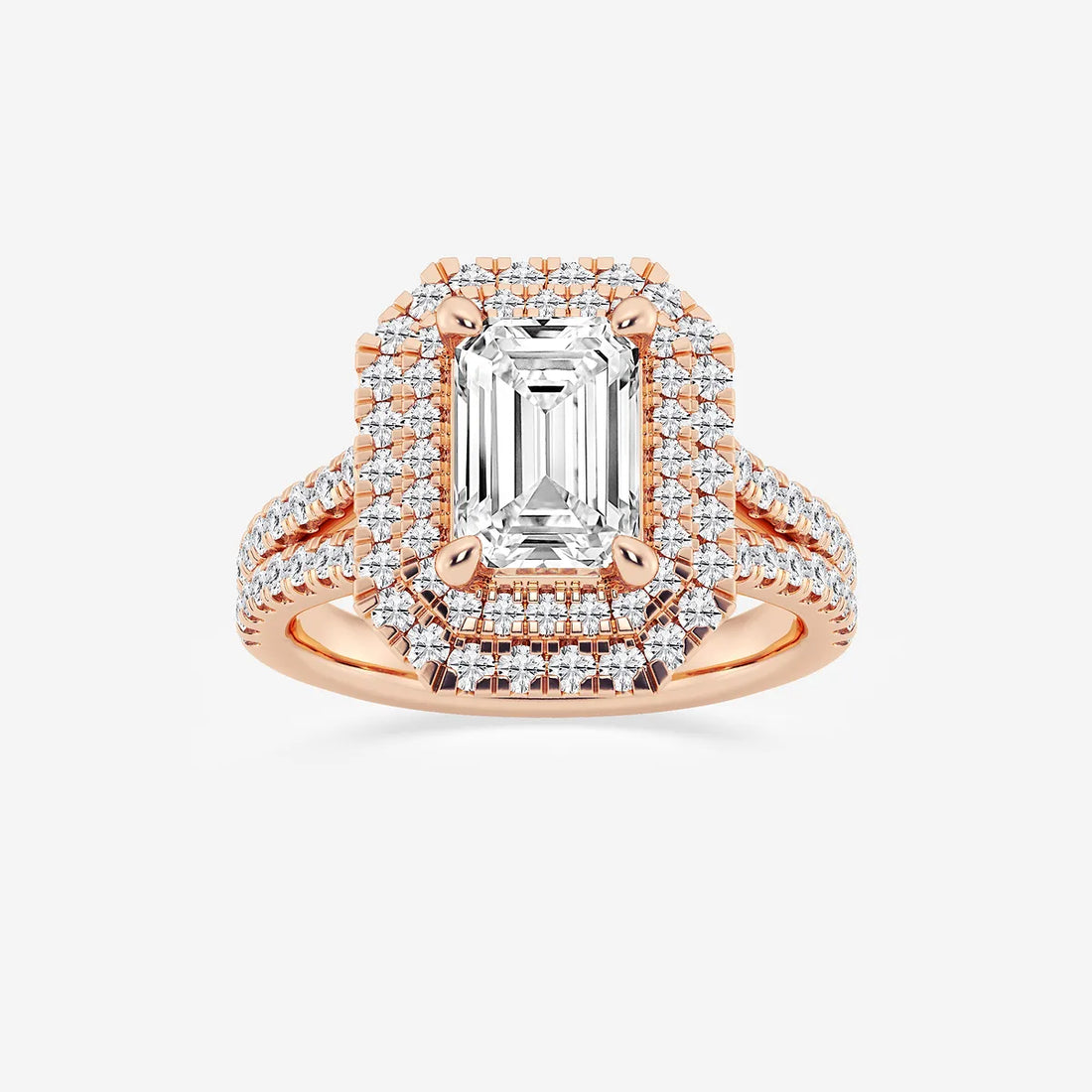 Emerald Cut Engagement Ring  Triple Row Double Halo & Split Pave Diamond Band