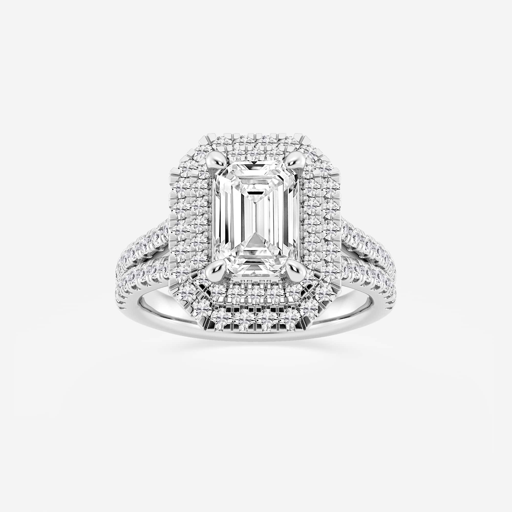 Emerald Cut Engagement Ring  Triple Row Double Halo & Split Pave Diamond Band
