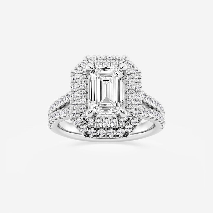 Emerald Cut Engagement Ring  Triple Row Double Halo & Split Pave Diamond Band