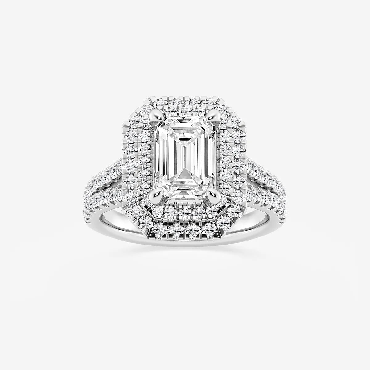 Emerald Cut Engagement Ring  Triple Row Double Halo & Split Pave Diamond Band