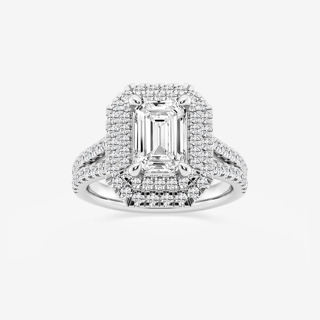 Emerald Cut Engagement Ring  Triple Row Double Halo & Split Pave Diamond Band