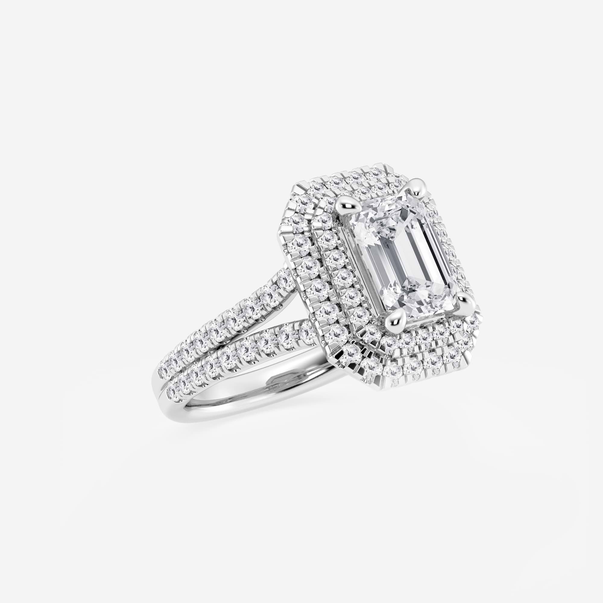 Emerald Cut Engagement Ring  Triple Row Double Halo & Split Pave Diamond Band