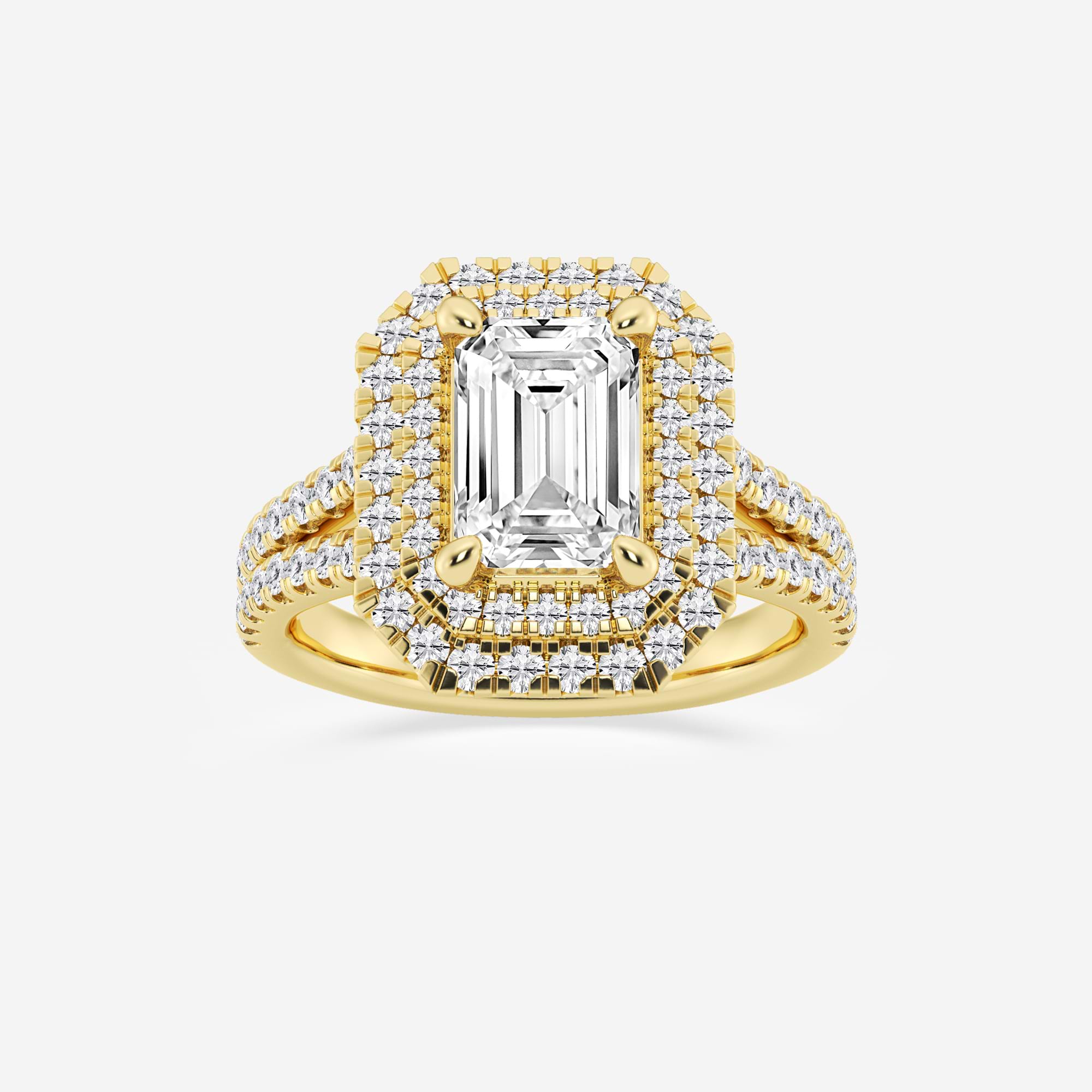 Emerald Cut Engagement Ring  Triple Row Double Halo & Split Pave Diamond Band