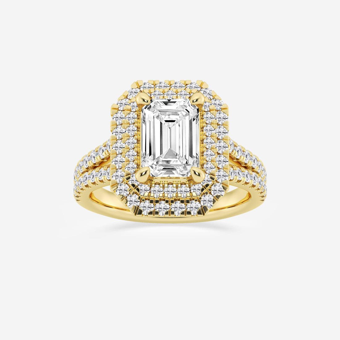 Emerald Cut Engagement Ring  Triple Row Double Halo & Split Pave Diamond Band