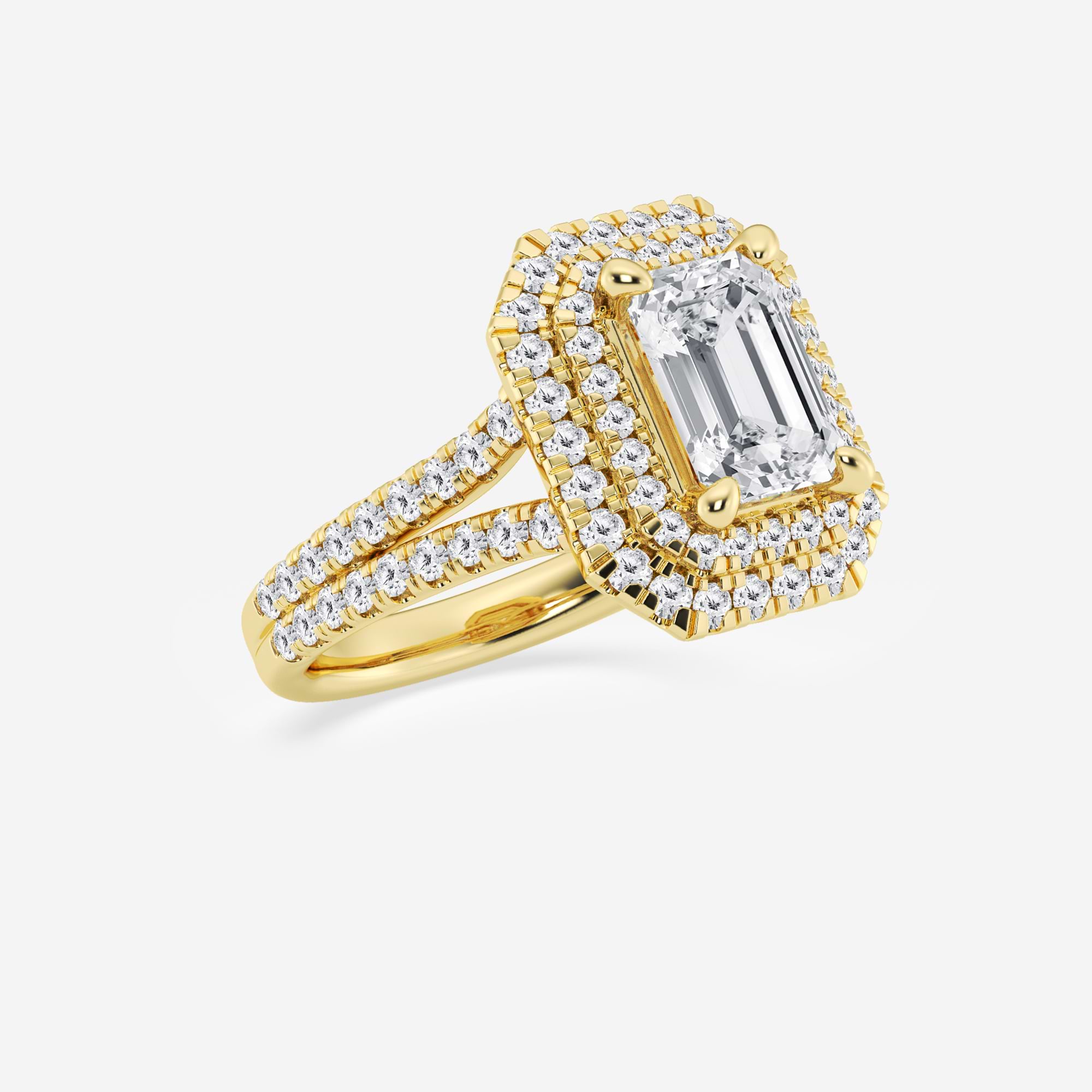 Emerald Cut Engagement Ring  Triple Row Double Halo & Split Pave Diamond Band