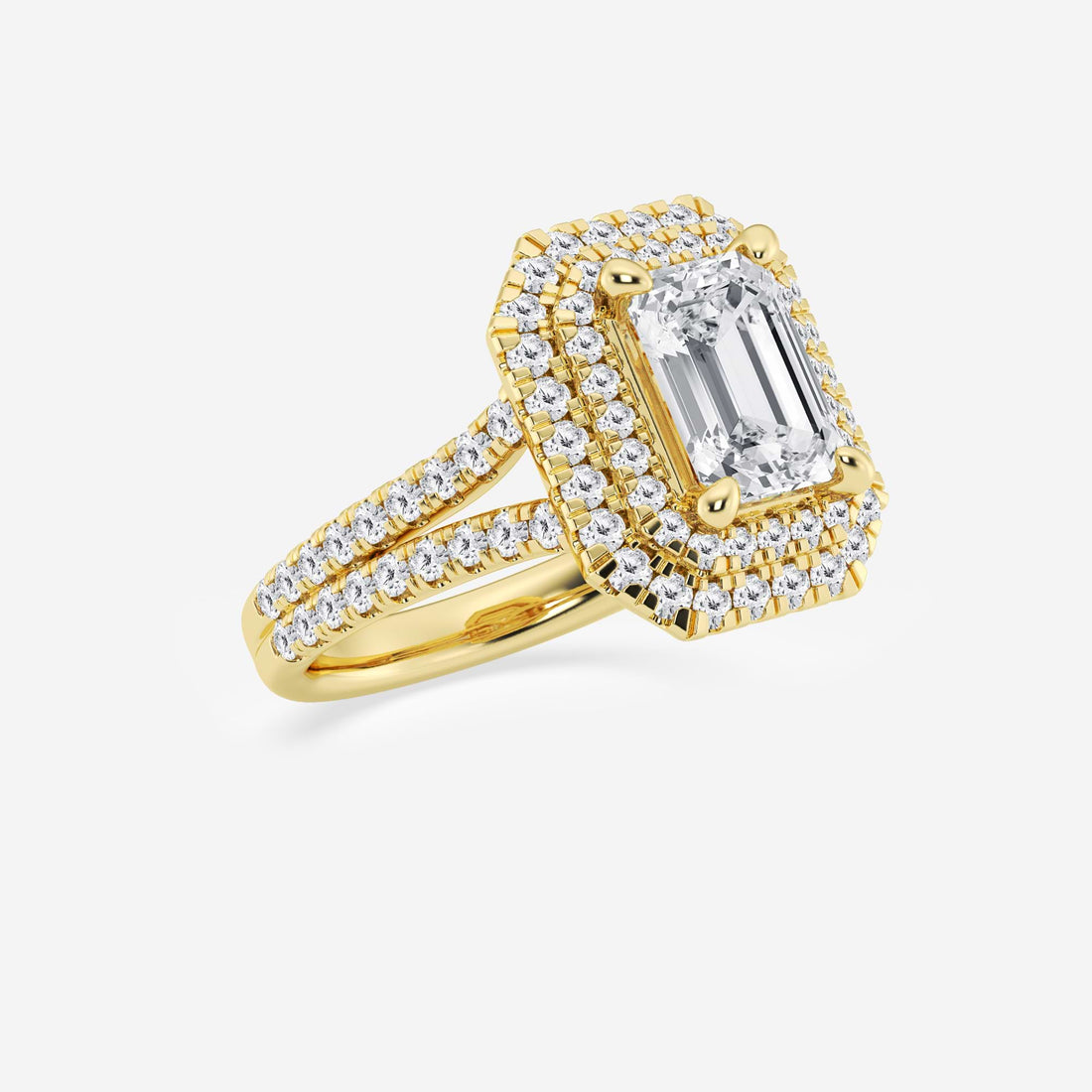 Emerald Cut Engagement Ring  Triple Row Double Halo & Split Pave Diamond Band