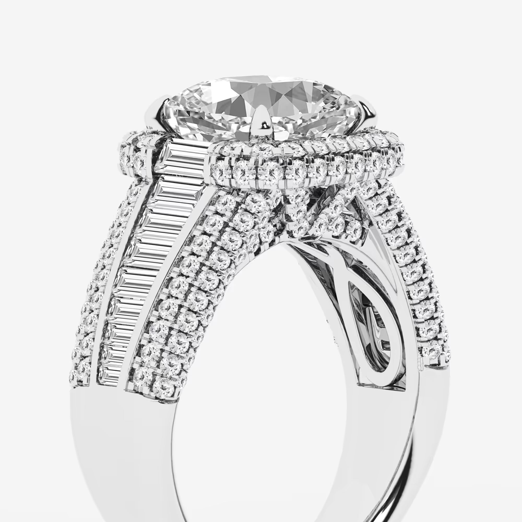 Celestia Cushion Lab-Grown Diamond Engagement Ring with Baguette Frame & Pavé Accents