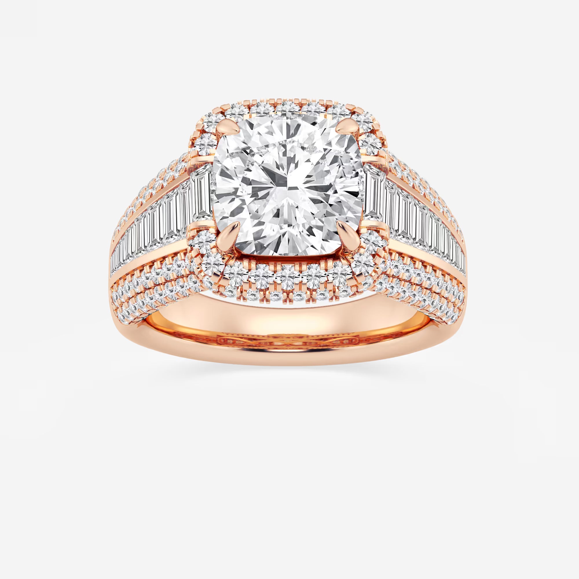 Celestia Cushion Lab-Grown Diamond Engagement Ring with Baguette Frame & Pavé Accents