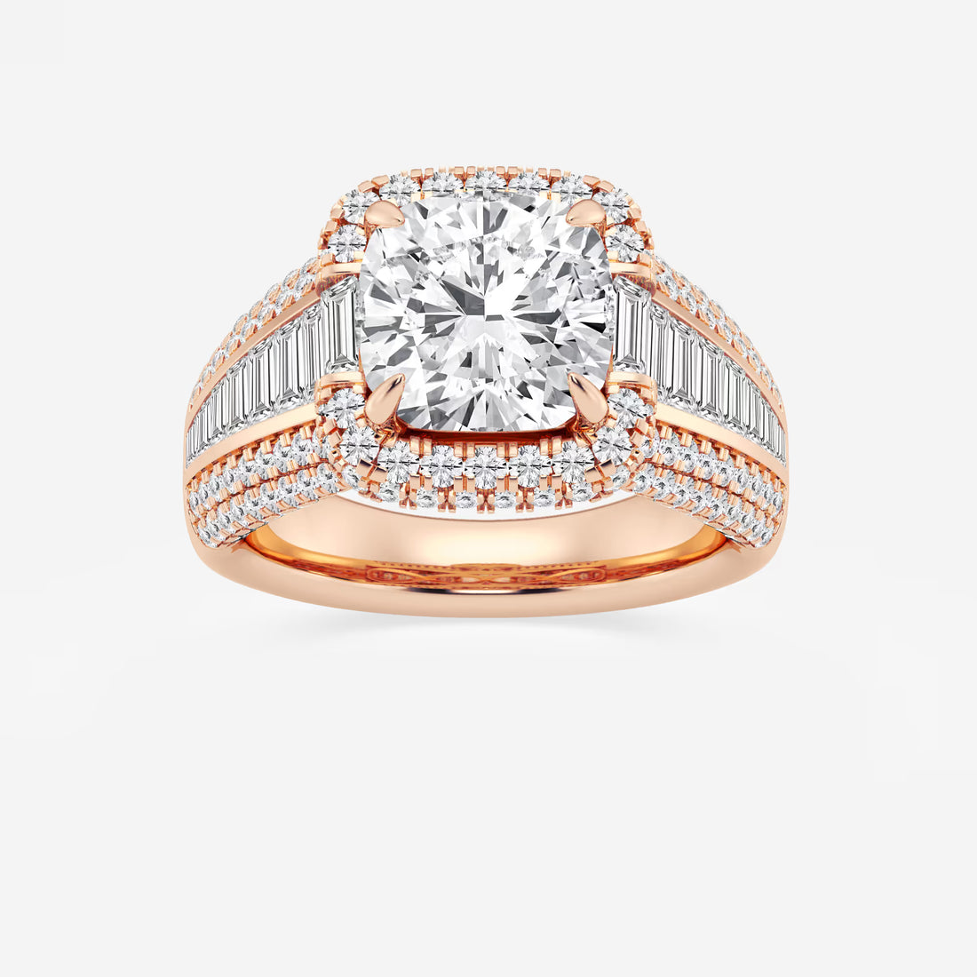 Celestia Cushion Lab-Grown Diamond Engagement Ring with Baguette Frame & Pavé Accents