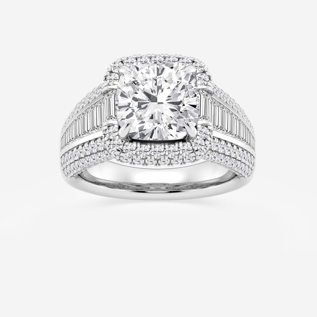 Celestia Cushion Lab-Grown Diamond Engagement Ring with Baguette Frame & Pavé Accents