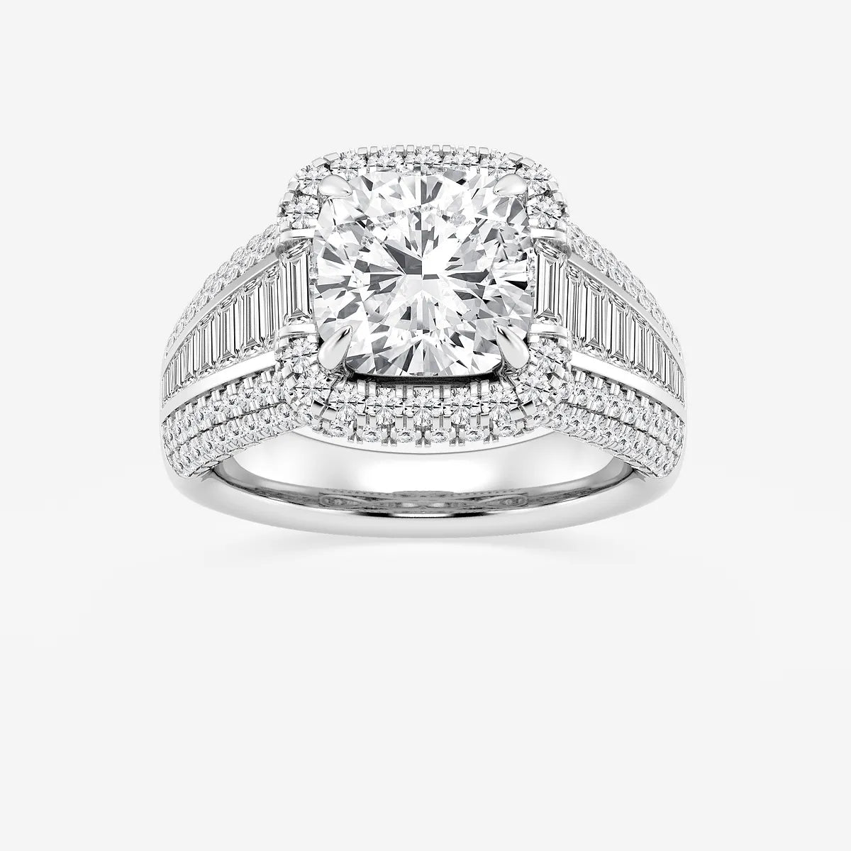 Celestia Cushion Lab-Grown Diamond Engagement Ring with Baguette Frame & Pavé Accents