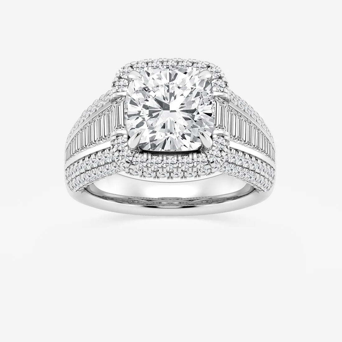 Celestia Cushion Lab-Grown Diamond Engagement Ring with Baguette Frame & Pavé Accents