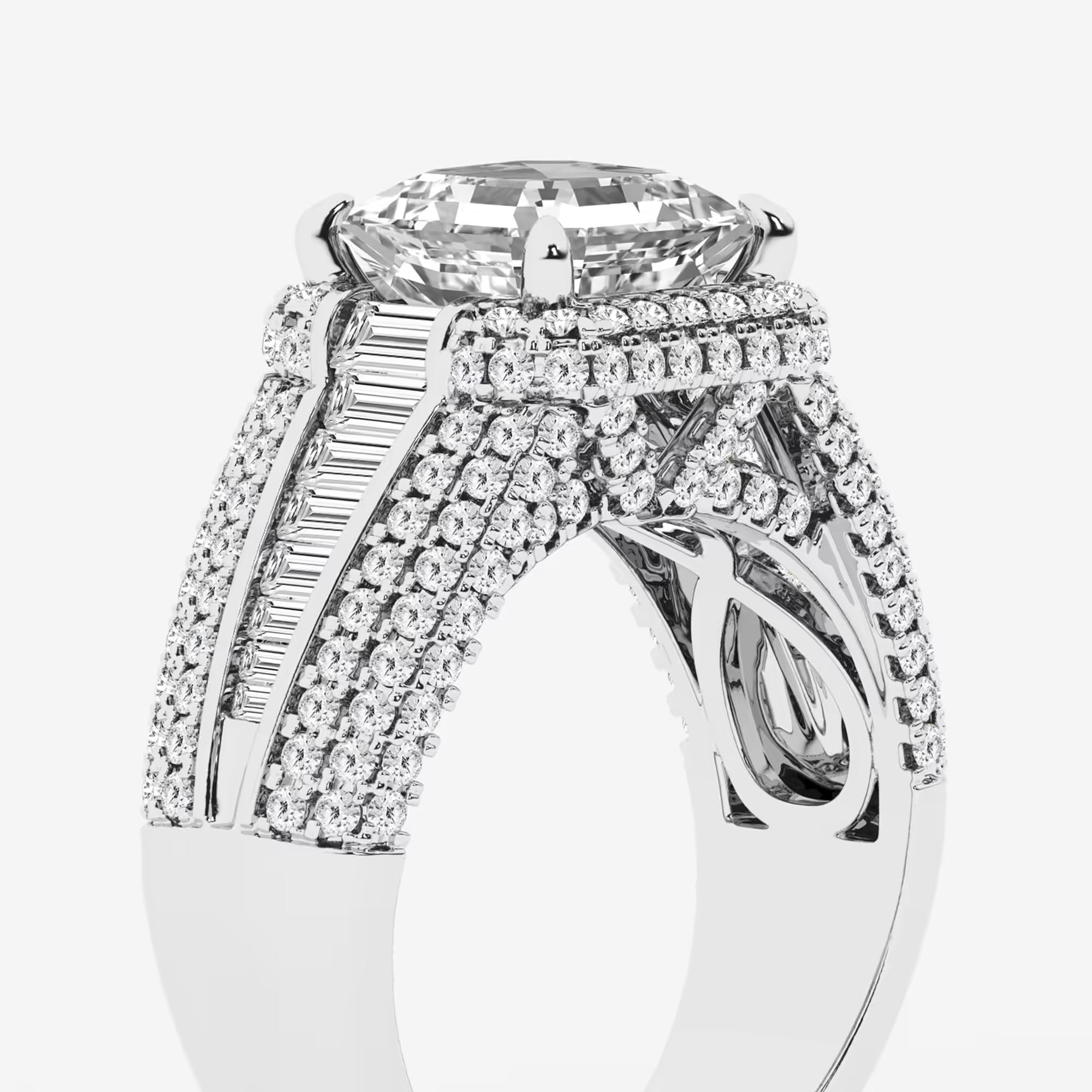 Asscher Lab Grown Diamond Solitaire Engagement Ring with Round & Baguette Side Accents