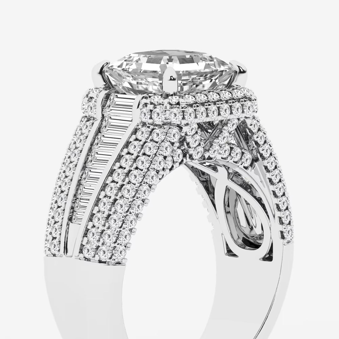 Asscher Lab Grown Diamond Solitaire Engagement Ring with Round & Baguette Side Accents