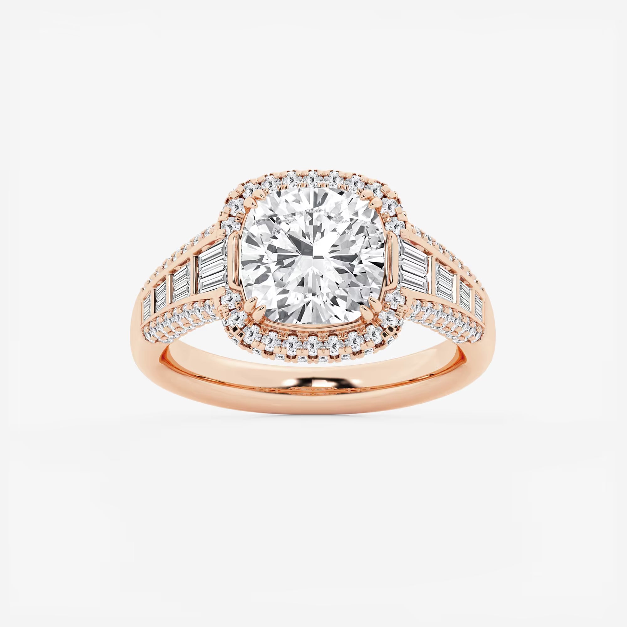 Aurielle Cushion Lab-Grown Diamond Solitaire Engagement Ring with Round & Baguette Side Accents