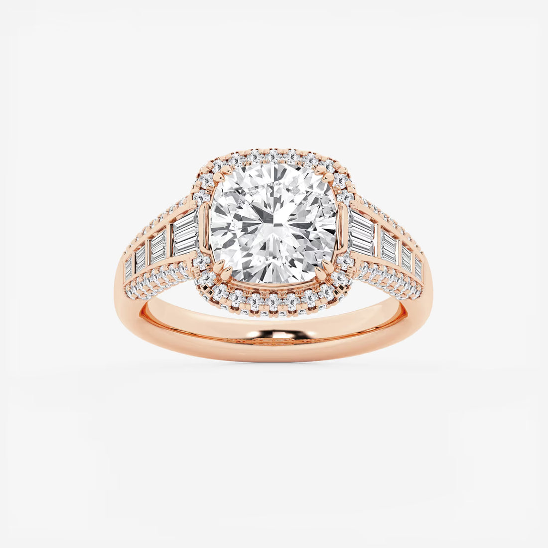 Aurielle Cushion Lab-Grown Diamond Solitaire Engagement Ring with Round & Baguette Side Accents