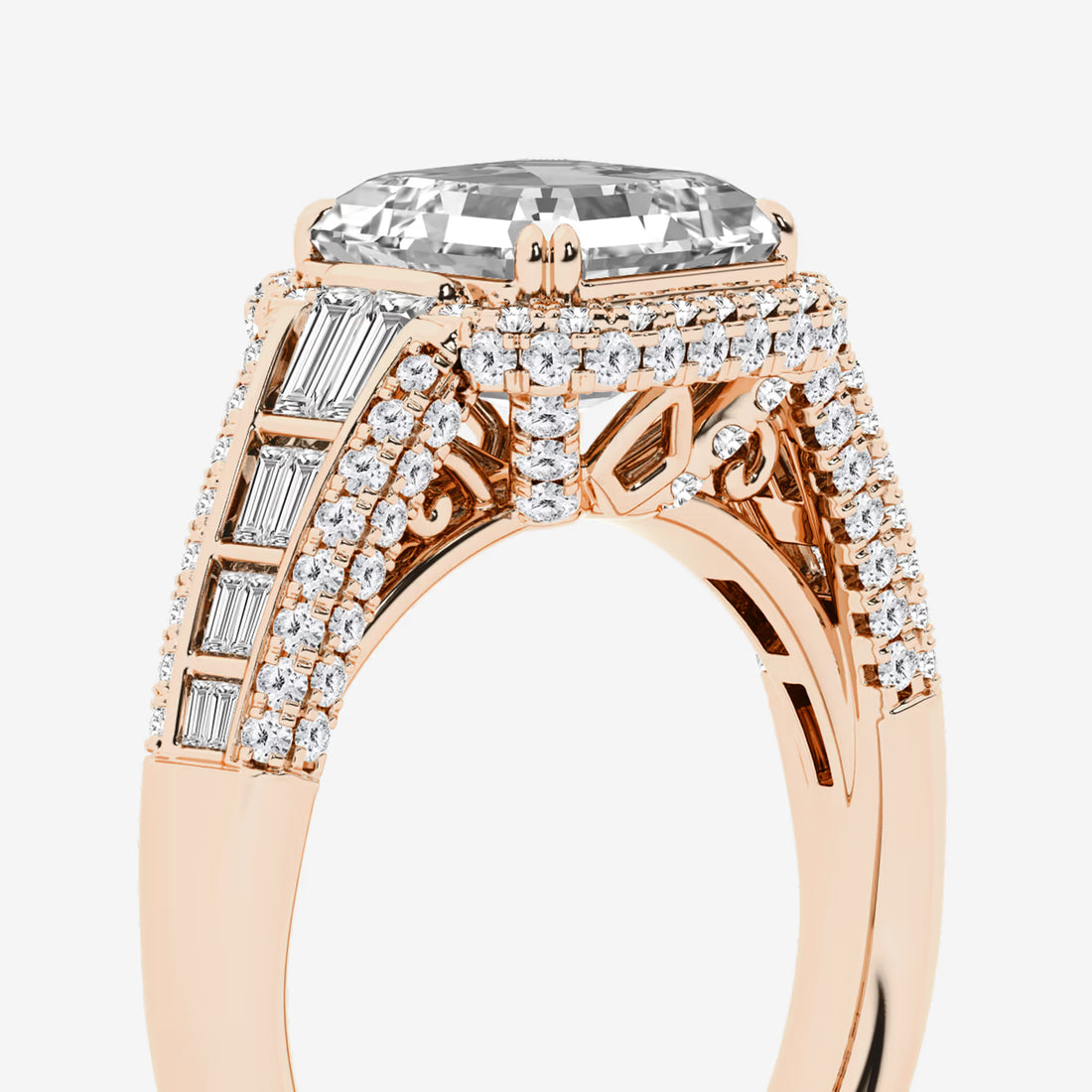 Asscher Lab Grown Diamond Halo Engagement Ring with Round & Baguette Accents